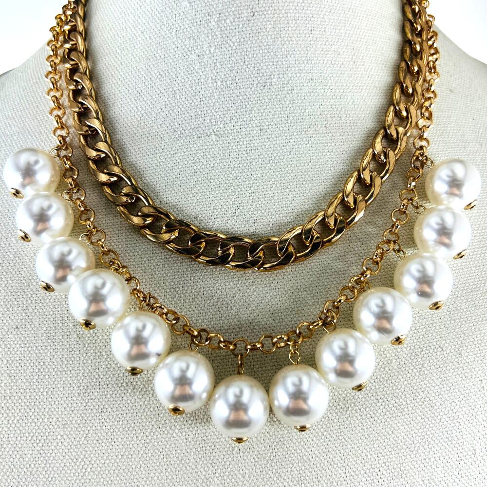Steve Madden Faux Pearl Chunky Gold Chain Layered Statement Necklace Runway Luxe